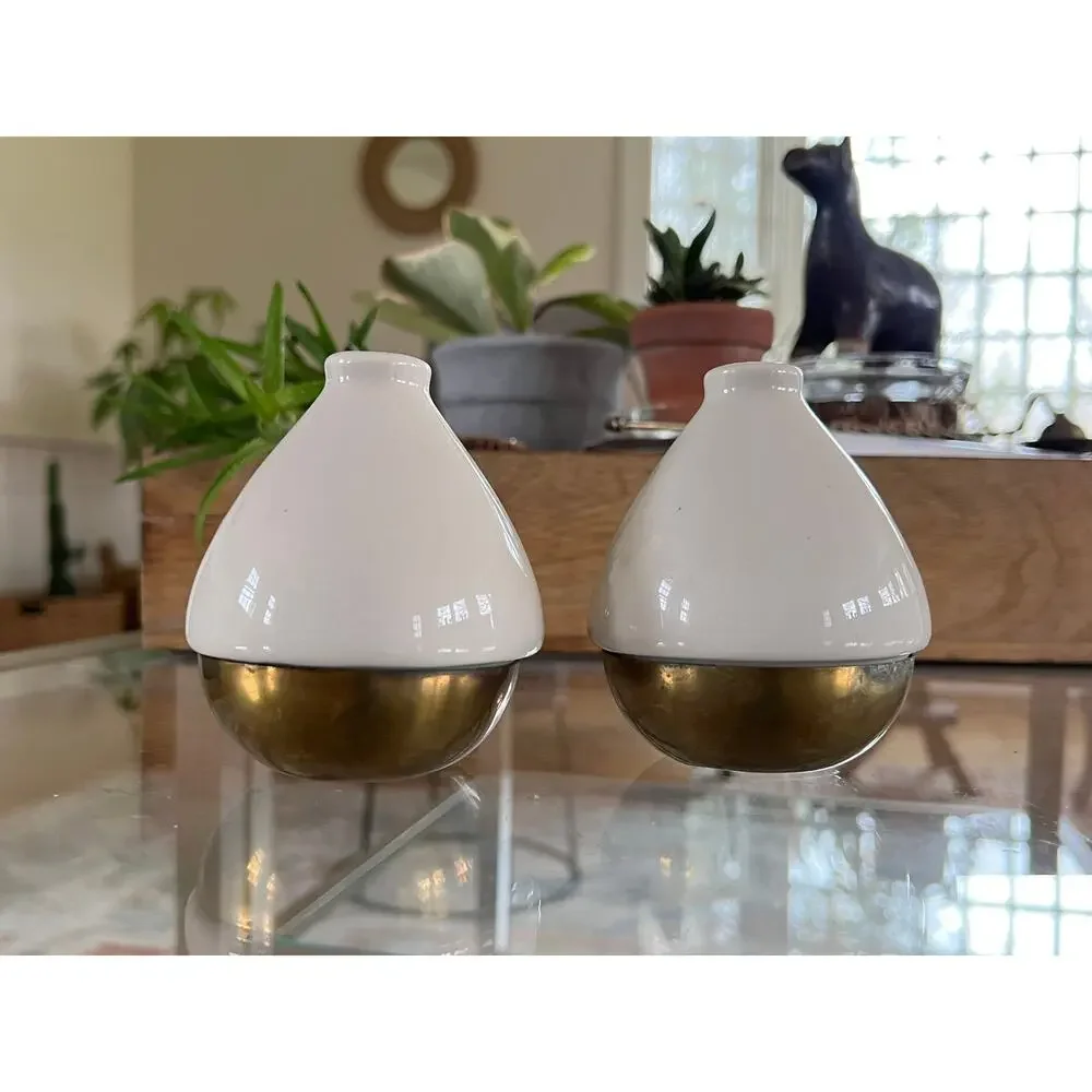 Vintage Ceramic and Brass Salt and Pepper Shakers, Mid-Century Modern Tear Drop